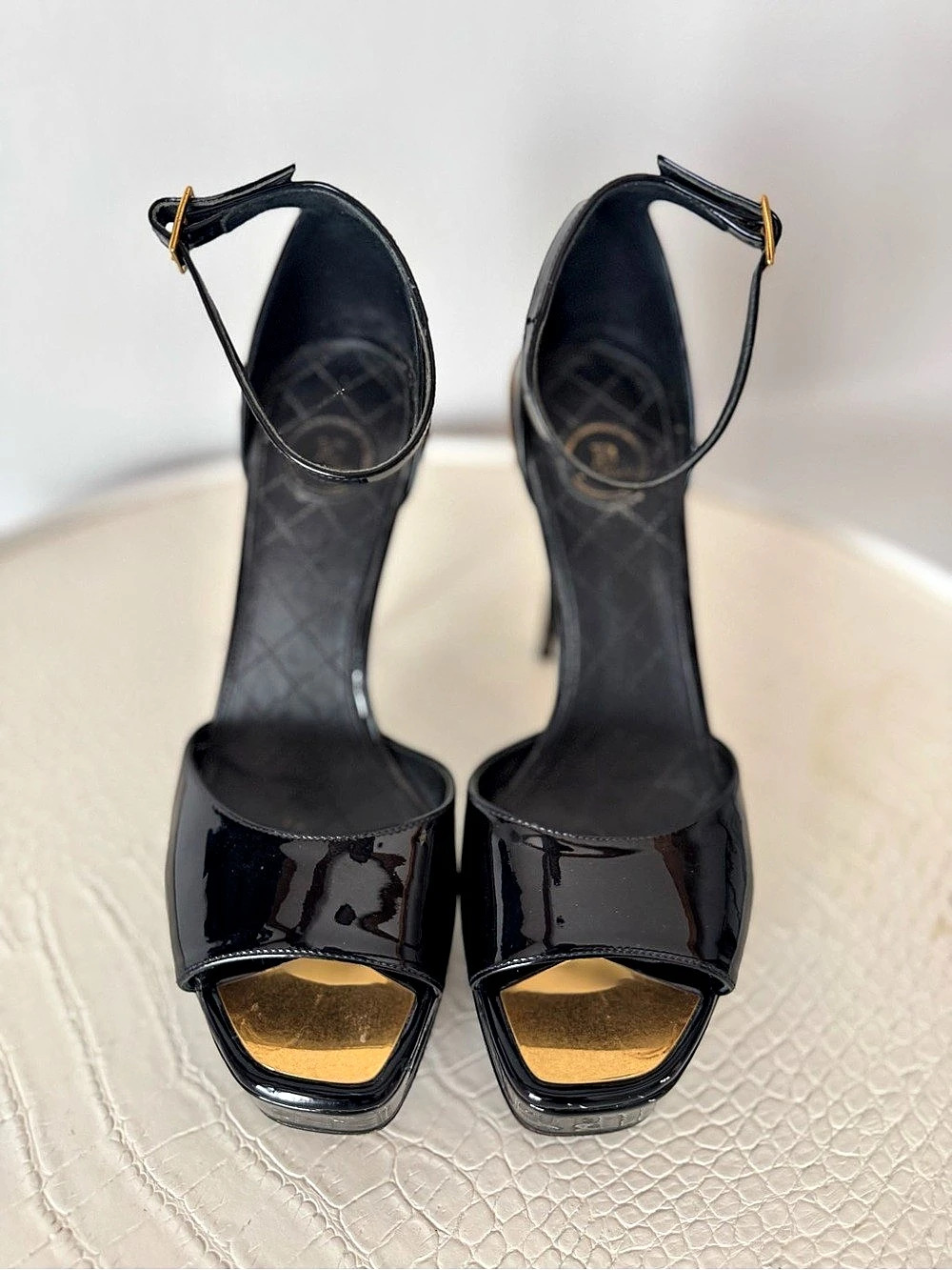 Balmain Sync Platform Sandals in Patent Lambskin Black Heels